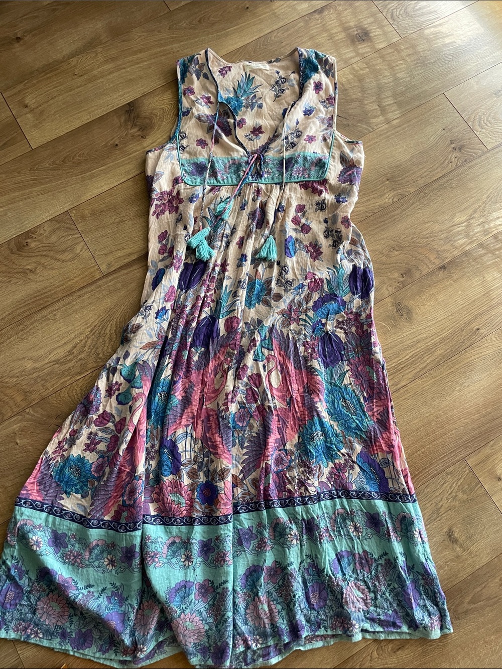 Spell Beige Maxi Dress with Teal, Purple, and Pink Floral Print